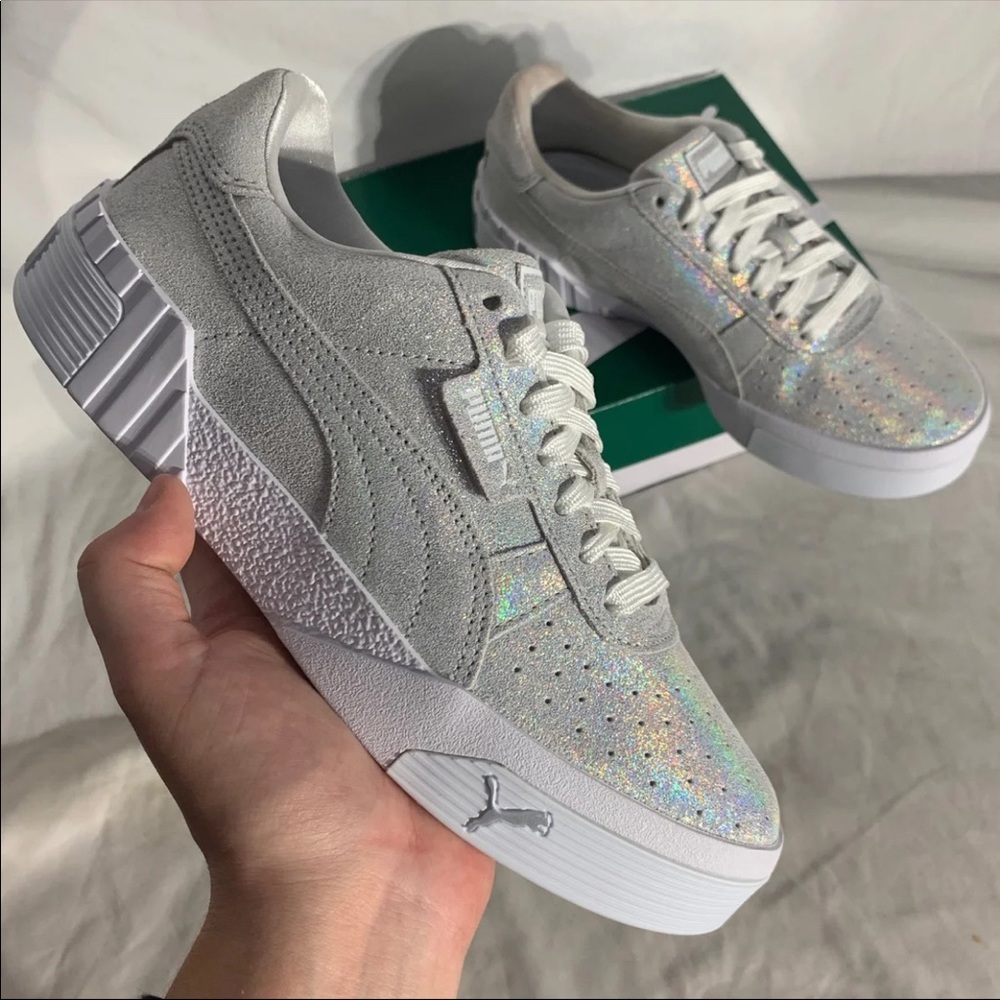 Puma Cali Shimmer Holographic Rainbow Glitter Silver White Shoes Womans NWB - Picture 2 of 7